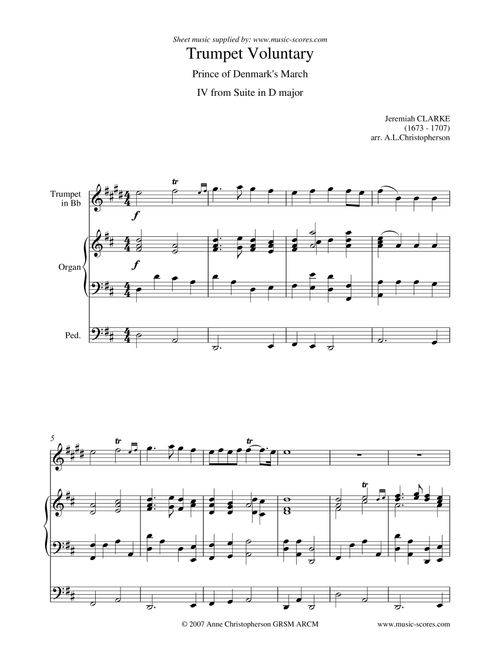 Trumpet Voluntary, or Prince of Denmark's March - Trumpet and Organ - D major (Arr. Anne L Christopherson GRSM ARCM) - Clarke, Jeremiah (Trumpet and Piano)