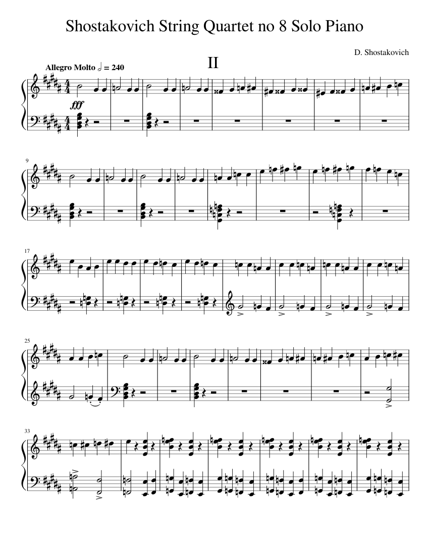 Shostakovich string quartet no 8 solo piano Sheet Music for Piano