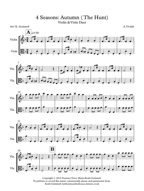 4 Seasons Autumn (The Hunt) Violin & Viola (Arr. Keith Gemmell) - A, Vivaldi (Instrumental Duet)