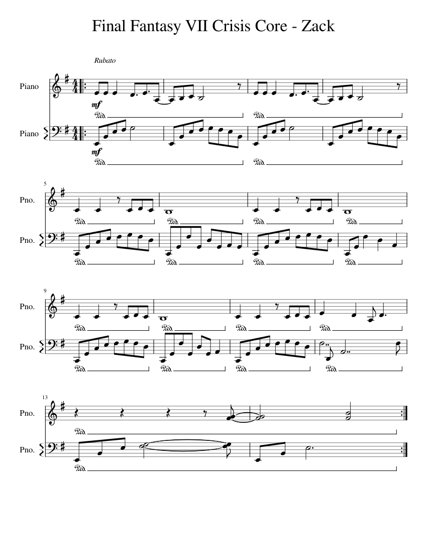 final fantasy vii crisis core - zack Sheet Music for Piano (Solo