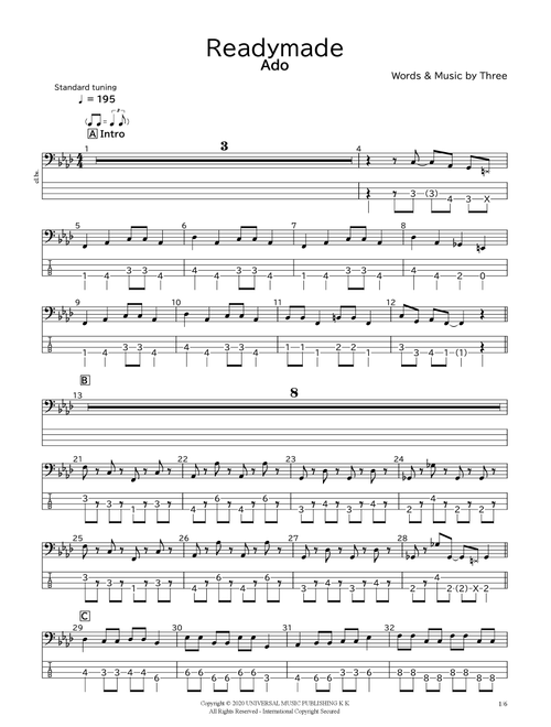 Readymade (Arr. bassscore.masspro) - Ado (Bass Tab)