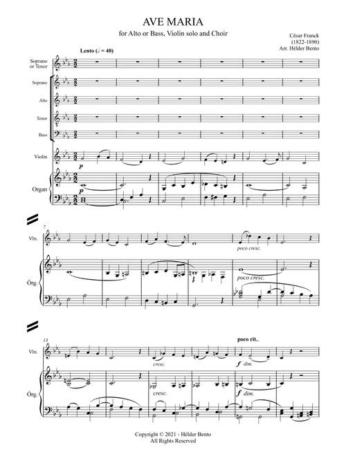 Avé Maria - César Franck for Low Voice, Choir and Violin Solo (Arr. H. Bento) - Cesar Franck (Choral, SATB)