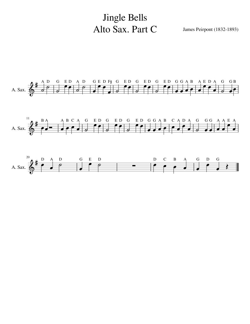 Jingle Bells Alto Sax Part C Sheet Music for Saxophone alto, Woodblock  (Solo) | MuseScore.com, image size:850x1100