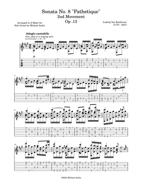 Sonata No. 8 "Pathetique” (Opus 13) 2nd Movement (Arr. Michael Ambu) - Ludwig Van Beethoven (Guitar Tab)