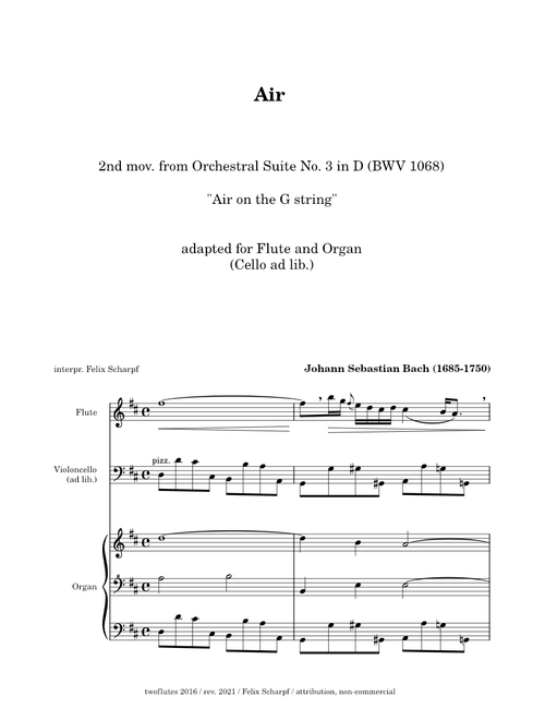 Air on the G string (BWV 1068) J. S. Bach - for Flute and Organ (Cello ad lib.)