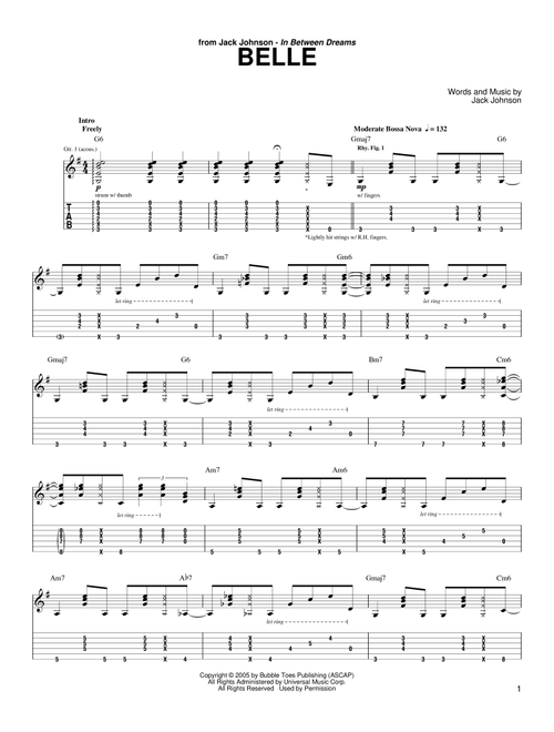 Belle - Jack Johnson (Guitar Tab)