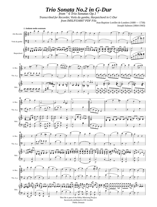 Loeillet, J.B. de London _ Trio Sonata G-Dur, Op.1 No.2 [Rec-Vla.d.g.-Hch]