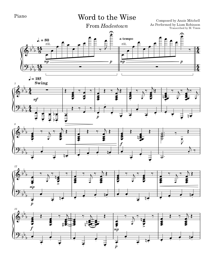 Hadestown Word to the Wise (piano) Sheet music for Piano (Solo