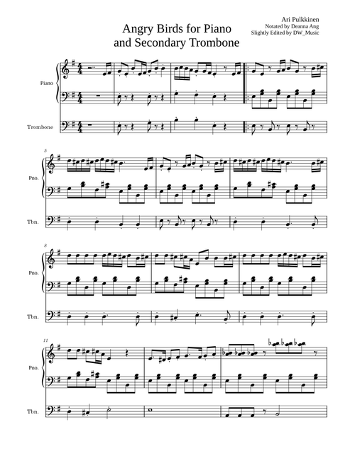 Angry Birds Main Theme – Ari Pulkkinen Angry Birds Main Theme - For Piano and Secondary Trombone