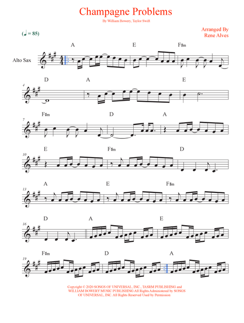 Champagne Problems (Arr. Rene Alves) - Taylor Swift (Alto Sax Solo)