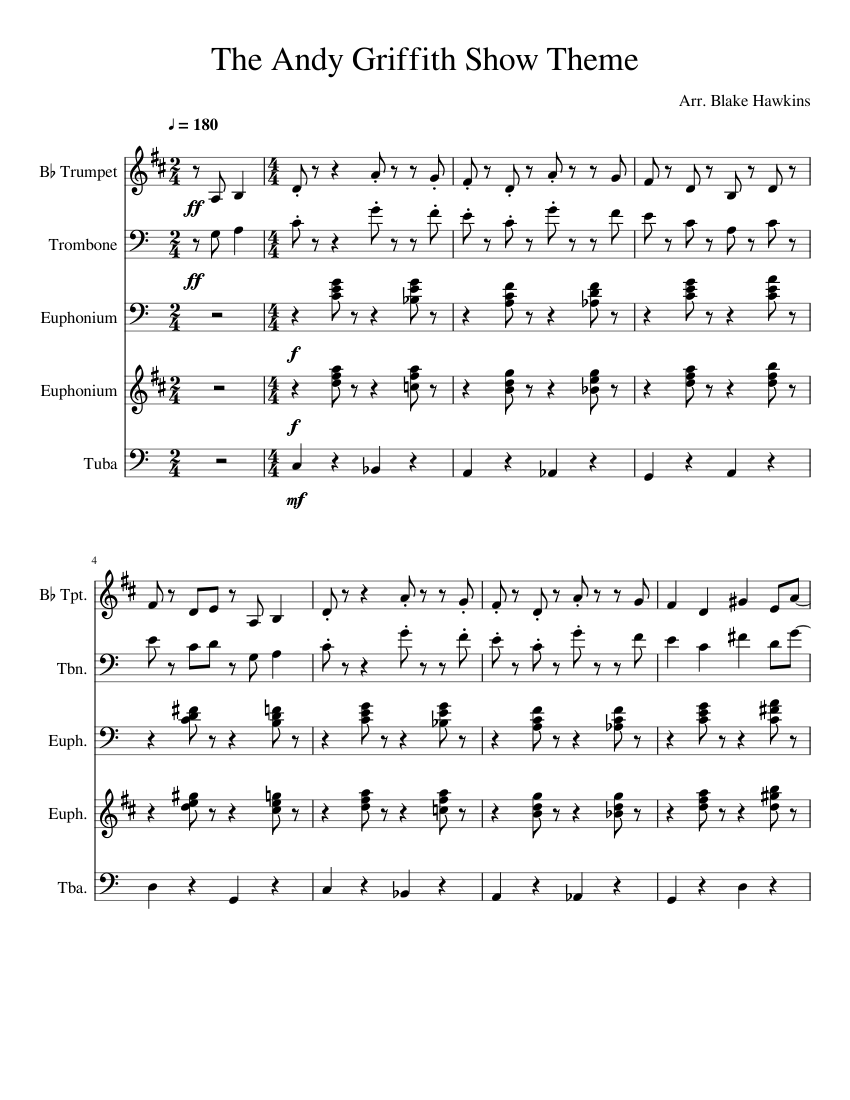 The andy griffith show theme sheet music for trombone euphonium tuba