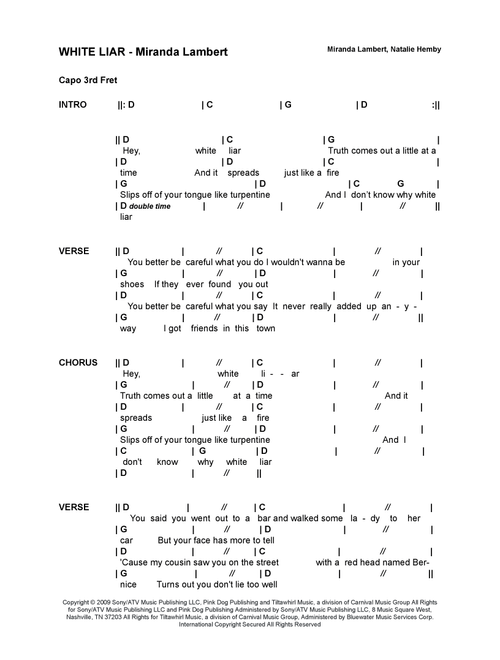 White Liar (Arr. Bronson Ferdinand Wright) - Miranda Lambert (Guitar Chords-Lyrics)