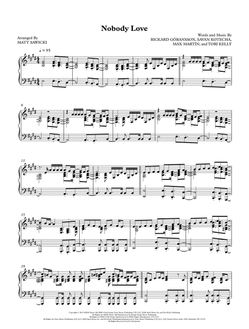 Nobody Love (Arr. Matt Sawicki) - Tori Kelly (Piano-Vocal-Guitar (Piano Accompaniment))