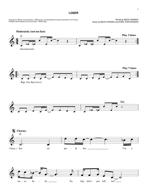 Loser - Beck (Easy Lead Sheet - Fake Book)