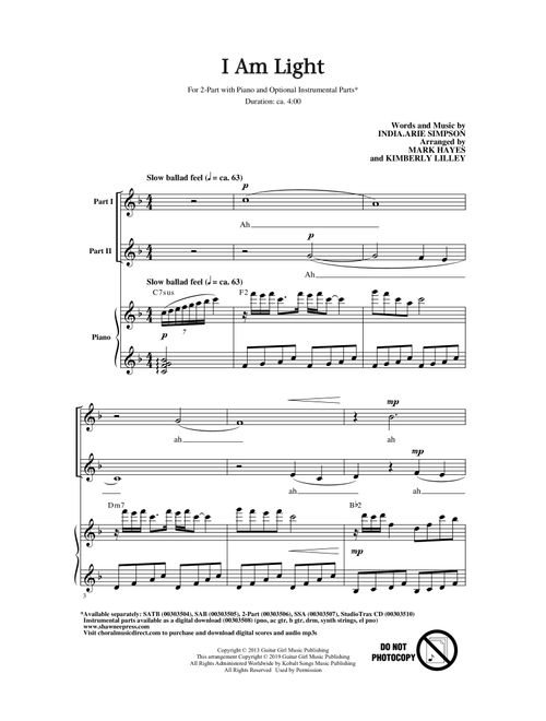 I Am Light (arr. Mark Hayes and Kimberly Lilley) - IndiaArie (Choral, 2-Part)