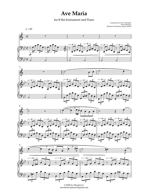 Ave Maria for B flat Instrument and Piano (Schubert) (Arr. Morakot Cherdchoo-ngarm) - Franz Schubert (Small Ensemble)
