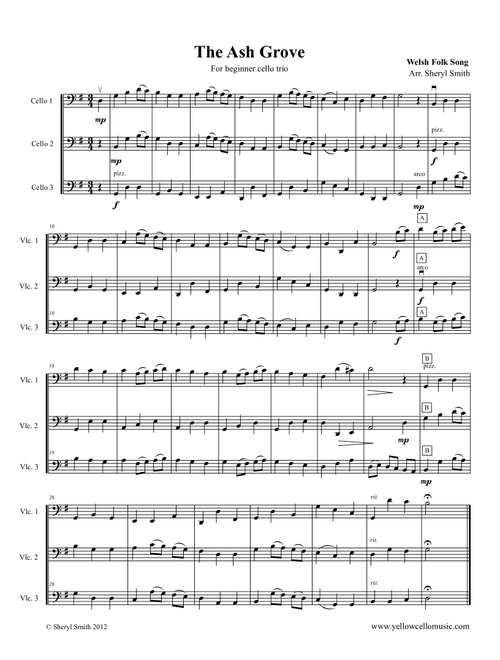 The Ash Grove, a Welsh Folk song for three advanced beginner cellos (Arr. Yellow Cello Music) - Folklore (String Ensemble)