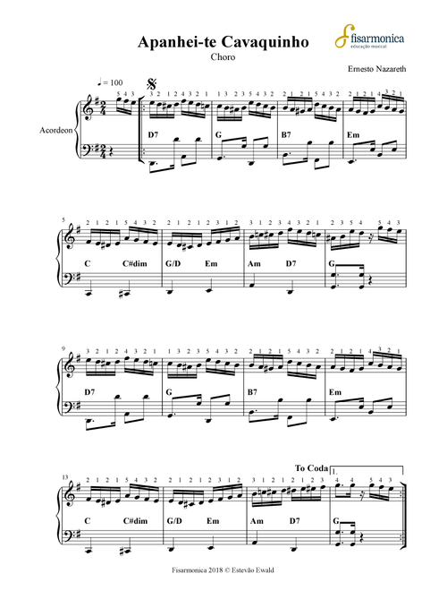 Apanhei-te Cavaquinho - Ernesto Narazeth | Sheet Music for Accordion and Piano (Arr. Estevão Ewald) - Ernesto Nazareth (Piano-Vocal-Guitar)