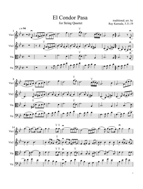 El Condor Pasa for String Quartet (Arr. Ray Kamada) - Daniel Alomio Robles, 1913 (String Quartet)