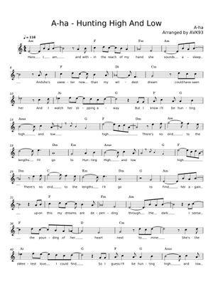 hunting high and low - a-ha Sheet Music for Piano (Solo) easy