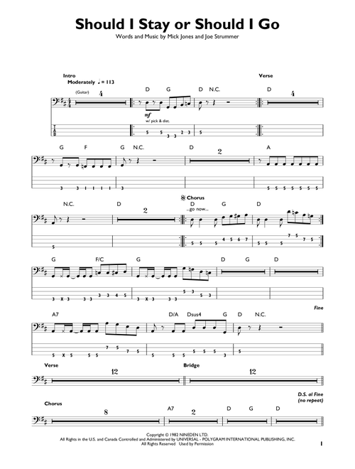 Should I Stay Or Should I Go - The Clash (Easy Bass Tab)