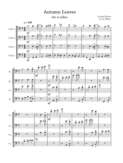Autumn leaves – Joseph Kosma Autumn leaves for 4 cellos