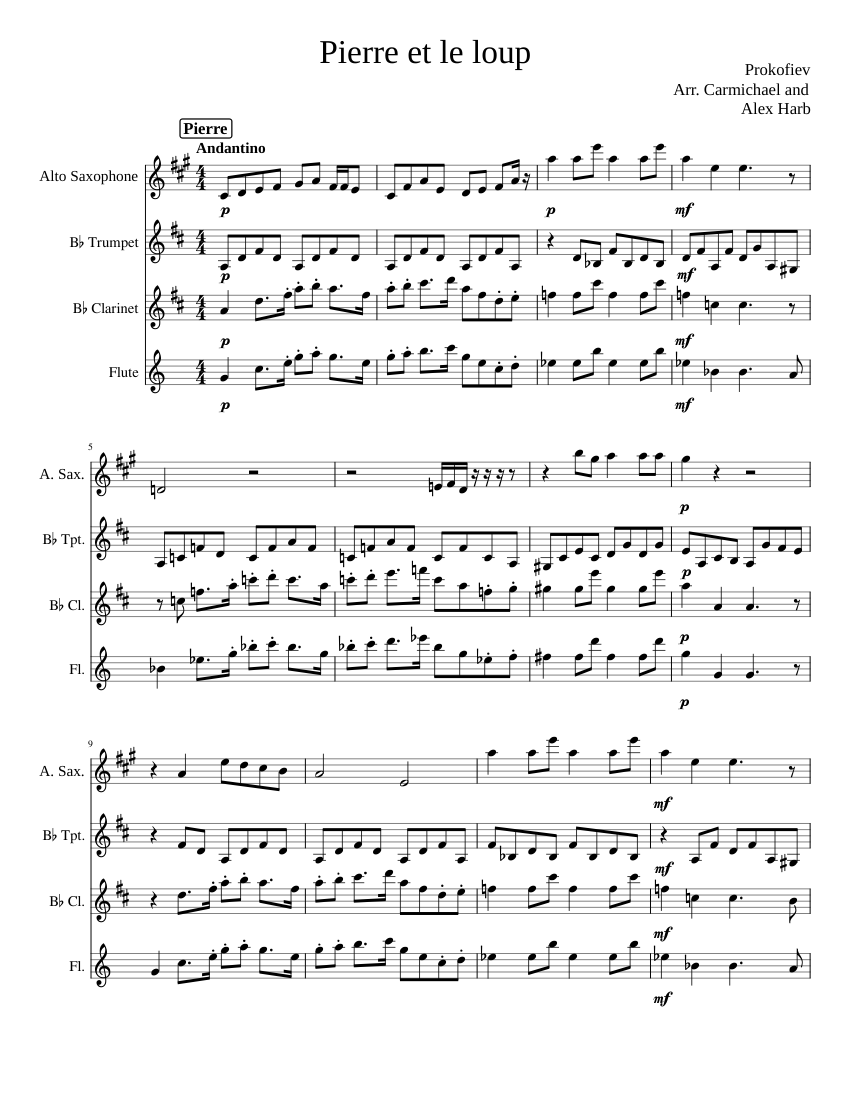 Peter and the Wolf Mixed Quintet Sheet music for Flute Clarinet in b flat Trumpet in b flat Mixed Trio Musescore