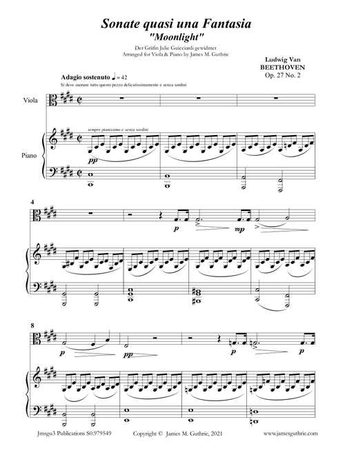 Beethoven: Adagio from the Moonlight Sonata for Viola & Piano (Arr. James M. Guthrie) (Viola and Piano)