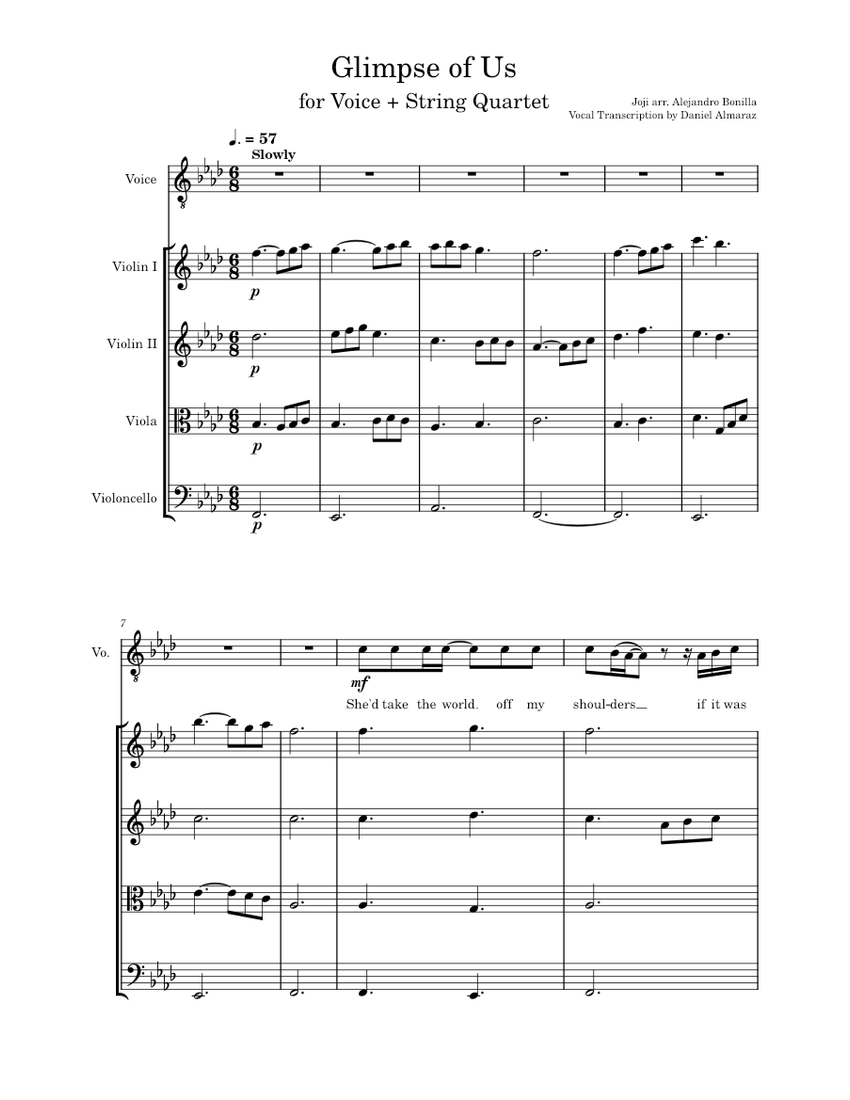 Glimpse of Us Joji Sheet music for Vocals, Violin, Viola, Cello