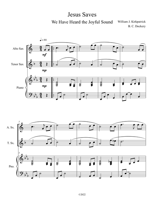 Jesus Saves (We Have Heard the Joyful Sound) Alto and Tenor Sax Duet with Piano (Arr. B. C. Dockery) - William J Kirkpatrick (Instrumental Duet and Piano)