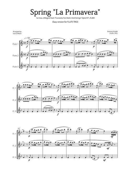 "Spring" (La Primavera) by Vivaldi - Easy version for FLUTE TRIO (Arr. Iury Cardoso) - Antonio Vivaldi (Woodwind Ensemble)