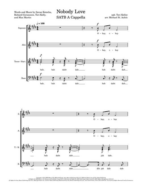Nobody Love (Arr. Michael St. Aubin) - Tori Kelly (Choral, SATB divisi)
