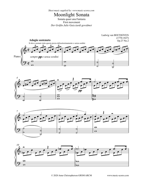 Moonlight Sonata 1st movement - A minor (higher) (Arr. Anne L Christopherson GRSM ARCM) - Beethoven, Ludwig van (Piano Solo)