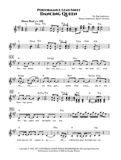 Dancing Queen (Arr. George Willson) - ABBA (Lead Sheet - Fake Book)