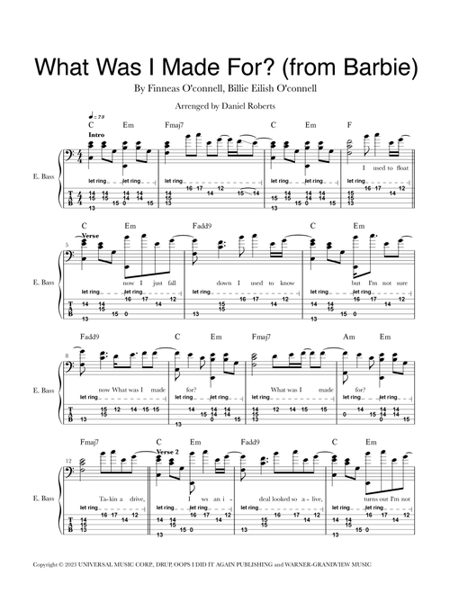 What Was I Made For? (Arr. Daniel Roberts) - Billie Eilish (Bass Tab)