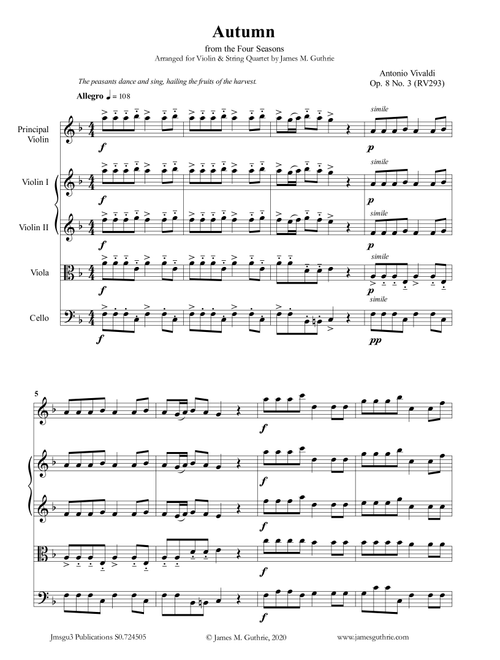 Vivaldi: Autumn from the Four Seasons for Violin & String Quartet (Arr. James M. Guthrie, ASCAP) (String Quartet)