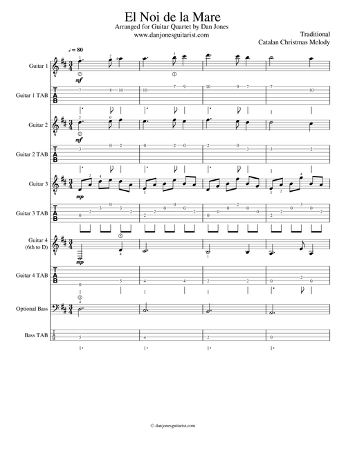 El Noi de la Mare for Four Guitars (Arr. Dan Jones (www.danjonesguitarist.com)) - Traditional Catalan Melody (Guitar Ensemble)