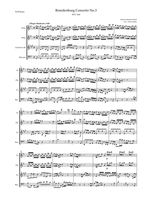 Brandenburg Concerto No. 3 in G major, BWV 1048 1st Mov. (J.S. Bach) for Woodwind Quartet (Arr. Victor Drake) - Johann Sebastian Bach (Woodwind Ensemble)