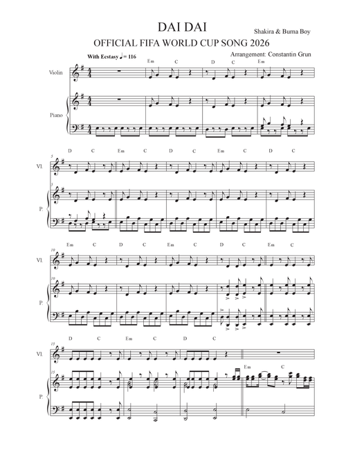 Dai Dai (Arr. Constantin Grun) - Shakira & Burna Boy (Violin and Piano)