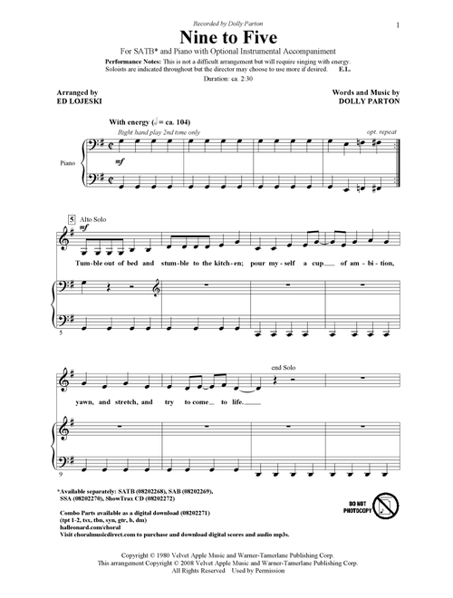 Nine To Five (arr. Ed Lojeski) - Dolly Parton (Choral, SATB)