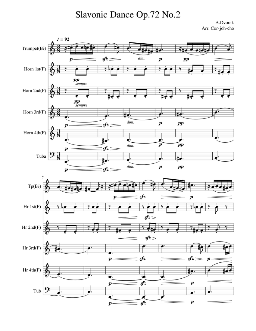 Slavonic dance, Op.72 No.9 Sheet music for Tuba, Trumpet in