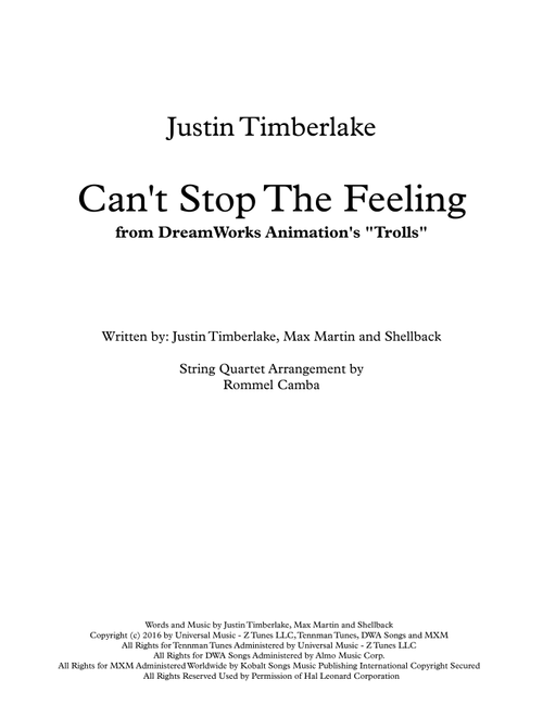 Can't Stop The Feeling  from TROLLS (Arr. Rommel Camba) - Justin Timberlake (String Quartet)