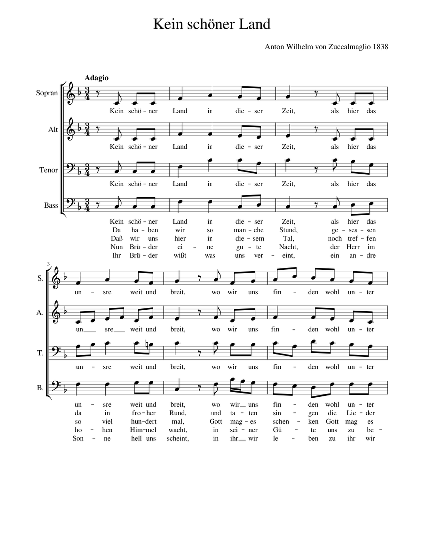 Kein schoener Land 5 Strophen Sheet music for Soprano, Alto, Tenor, Bass voice (SATB Kein schoener Land 5 Strophen Sheet music for Soprano, Alto, Tenor, Bass voice (SATB