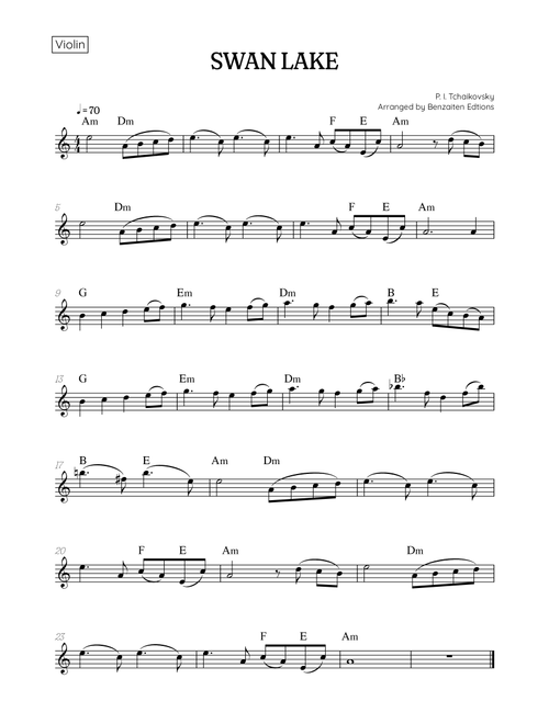 Swan Lake (Theme) • Pyotr Ilyich Tchaikovsky | Violin Sheet Music (chords) (Arr. Benzaiten Editions) - Pyotr Illyich Tchaikovsky (Violin Solo)