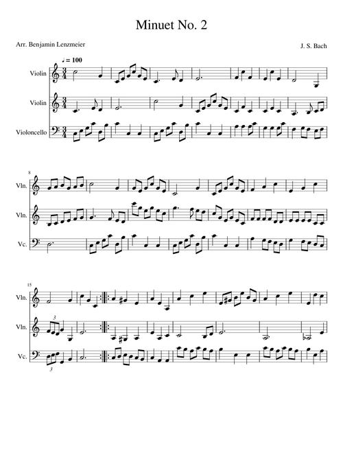 Minuet No. 2 J. S. Bach Arranged for Solo Cello and Two Violins