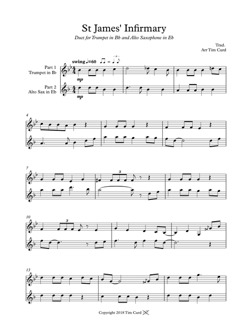 St James' Infirmary. Duet for Trumpet and Alto Saxophone (Arr. Tim Curd.) - trad. (Instrumental Duet)