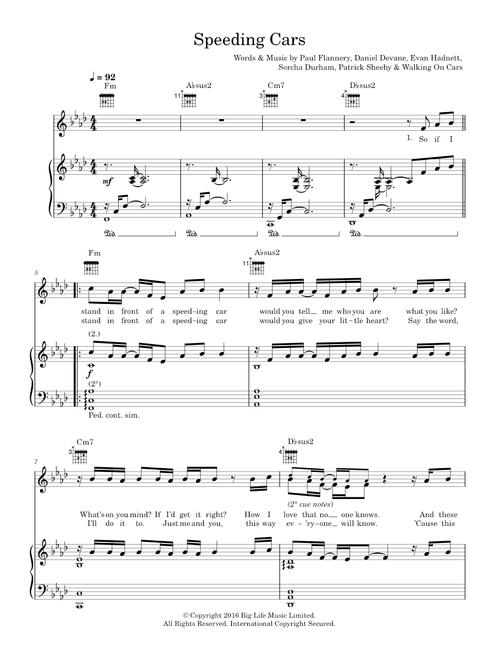 Speeding cars - Walking On Cars (Piano-Vocal-Guitar (Piano Accompaniment))