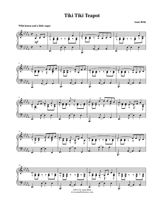 Tiki Tiki Teapot (calypso remix of "I'm a Little Teapot") - advanced intermediate version (Arr. Anne Britt) (Piano Solo)