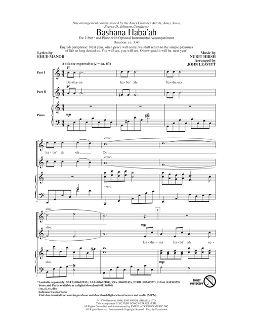 Bashana Haba'ah (arr. John Leavitt) - Ehud Manor (Choral, 2-Part)