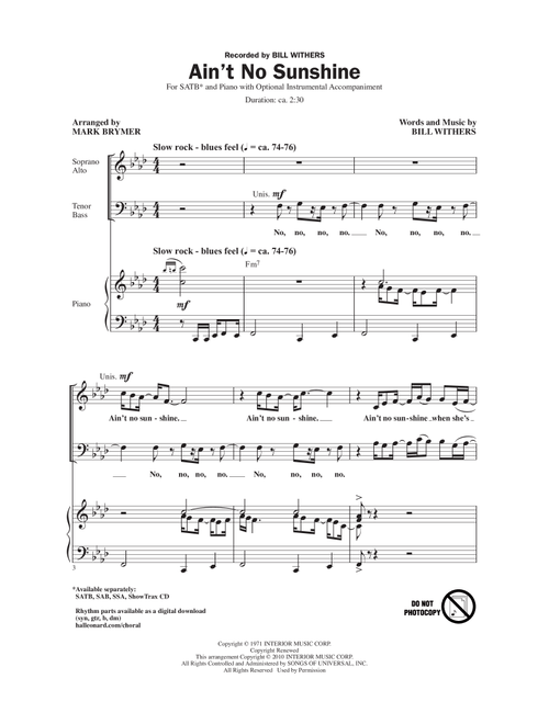Ain't No Sunshine (arr. Mark Brymer) - Bill Withers (Choral, SATB)